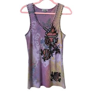Y2K Tie Dye Tattoo Rose Heart Rhinestone Ribbed Tank Top Medium Spy Zone Purple